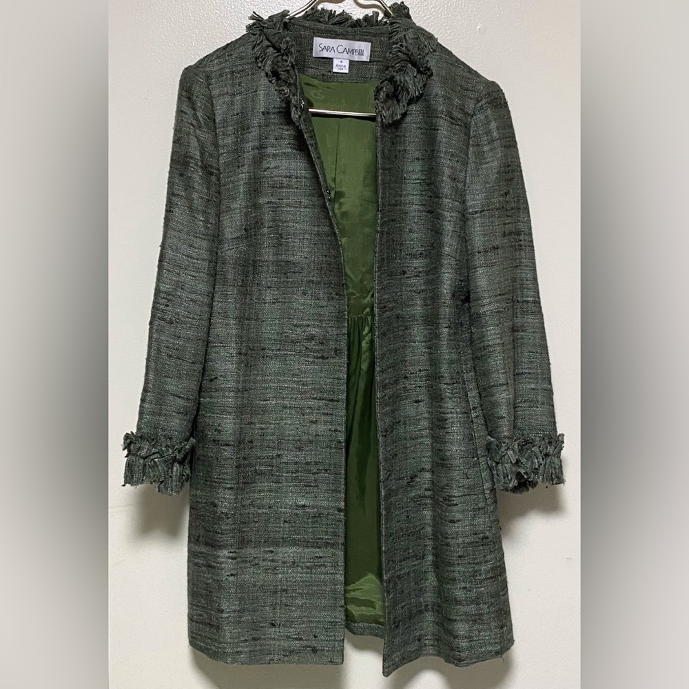 Sara Campbell Green Tweed Fringe Cardigan Jacket Silk Size 4